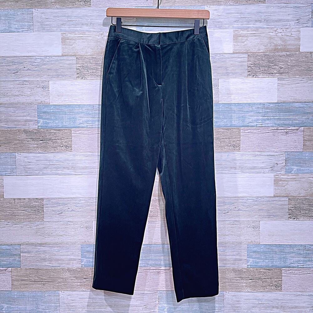 FRNCH PARIS Velvet Pleated Trousers Green Elastic Waist Work Career Womens Small